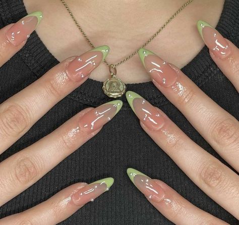 Almond Nails With Pearls, Diamanté Nails, Pearl Nails Acrylic, Nail Designs With Pearls, Acrylic Nails With Pearls, Fairycore Nails, Green Nails Acrylic, Pearl Nail Art, Green Acrylic Nails