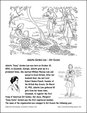 Juliet Gordon Low printable history coloring page October Worksheets, Girl Scouts History, Girl Scout Daisy Activities, Juliette Gordon Low, Daisy Ideas, Girl Scout Law, Brownie Scouts, Daisy Troop, Brownie Girl