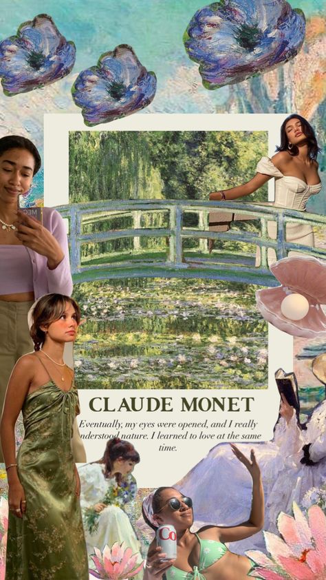 #monet #claudemonet #art #famousartist #famousartwork #impressionism #monetswaterlilies #aesthetic #moodboard #collage Monet Inspired, Monet Moodboard, Claude Monet Moodboard, Claude Monet Aesthetic Poster, Claude Monet Inspired Fashion, Claude Monet Book, Monet Art, Famous Artwork, Art Diary