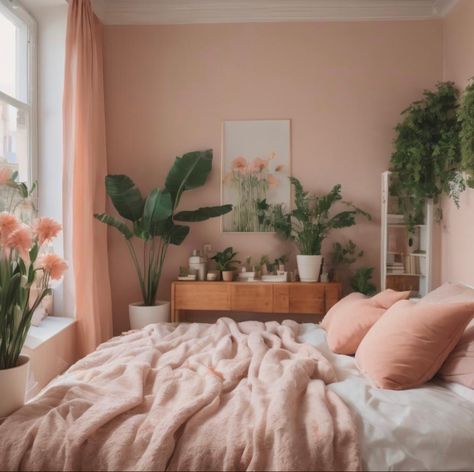 #pink #flowers #floral #flowerstagram #room #roomdecoration #roomdecorbedroom #roomdecorideas #bedroomideas #bedroom #bed #bedding #bedroominspo #bedroomgoals Light Pink Wall Room Ideas, Light Pink And Beige Bedroom, Pink Botanical Bedroom, Peach Wall Bedroom, Pink Bedroom With Plants, Pink Earthy Bedroom, Peach Room Aesthetic, Pink And White Bedroom Aesthetic, Pastel Pink Bedroom Aesthetic