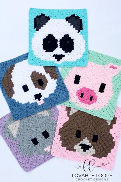 C2c Animal Squares, C2c Squares Patterns, Graphgan Patterns Free, Crochet Graph Patterns Free Charts, Crochet Emoji, C2c Squares, Panda Emoji, Crochet Square Pattern, Crochet Farm Animals