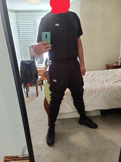 97s Outfit, Black 97s, Nike 97s, All Black Nikes, Nike Top, Joggers Black, Nike Fleece, Black Socks, Black Nike