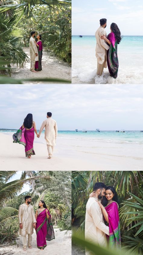 Romantic couple beach photoshoot in Tulum, Riviera Maya Mexico, couple photoshoot pose ideas, couple beach photoshoot inspo, traditional dress photo inspo, direct light photo ideas, beach photoshoot spots Tulum, couple photographer, vowel renewal photographer, elopement photographer, sari dress, destination wedding photographer, love photoshoot inspo, engagement photoshoot inspo, couple photoshoot outfit inspos, honeymoon photoshoot ideas, best couple poses, lifestyle photographer, Indian couple Saree Couple Photoshoot Beach, Beach Outfit Couple Photo Ideas, Pre Wedding Photoshoot Outfit Ideas, Pre Wedding Poses Indian Beach, Romantic Poses Couple Photos, Saree Couple Photoshoot, Couple Photoshoot Poses Indian, Traditional Couple Photoshoot, Tulum Couple