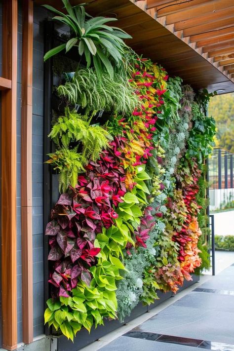 Design areas for seating, dining, or relaxation with outdoor furniture, fire pits, or patios. Interior Green Wall, Green Wall Garden, Wall Planters Outdoor, Vertikal Garden, Green Wall Design, Grow House, Green Patio, Wall Green, Artificial Green Wall