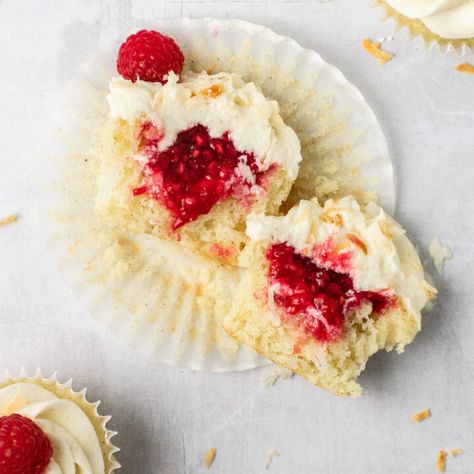 Raspberry Coconut Cupcakes - Ginger Snaps Baking Affairs Raspberry Coconut Cake, Cinnamon Streusel Coffee Cake, Homemade Raspberry Jam, Raspberry Frosting, Making Donuts, Streusel Coffee Cake, Raspberry Cupcakes, Apple Cinnamon Muffins, Vanilla Cupcake Recipe