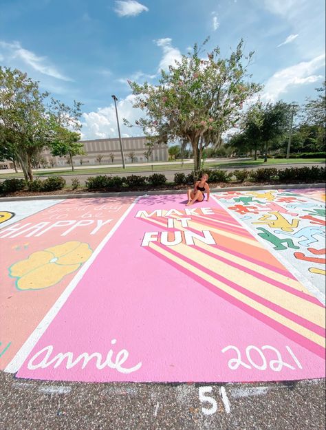 Couple Parking Spot Painting, Sports Parking Spot Painting, Cow Parking Spot Painting, Cheer Parking Spot Painting, Senior Parking Spaces Girly, Junior Parking Spot Ideas, Best Friend Matching Senior Parking Spots, Senior Car Parking Spots, Preppy Parking Spot