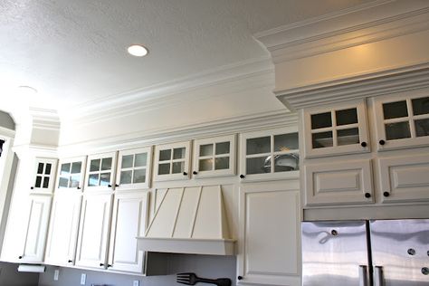 Kitchen soffit molding...might be easier than removing and having to dust above the cabinets Kitchen Cabinets Glass Doors, Kitchen Soffit Decorating Ideas, Soffit Ideas, Kitchen Soffit, Cabinet Molding, Cabinet Glass Doors, Cabinet Trim, Upper Kitchen Cabinets, Small Kitchen Cabinets