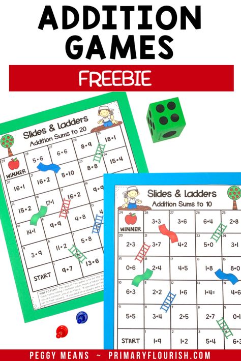 Math Game 1st Grade, Whole Class Math Games First Grade, Chutes And Ladders Math Game, Addition Math Games First Grade, Math Games For 1st Grade Free Printable, Tactile Math Activities, Dice Math Games First Grade, Addition Centers First Grade, Grade 2 Math Activities