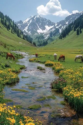 ↑↑↑ Larger size on website 🔸 A winding stream flows through a lush green valley, framed by towering snow-capped mountains. A hand English Mountains, Mountain Farm, Valley Village, Serene Landscape, Mountain Valley, Green Valley, White Mountains, Clear Blue Sky, Art Contest