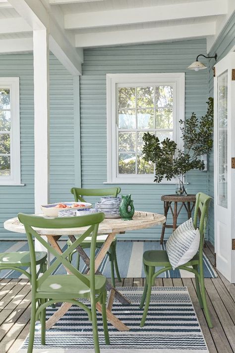 Ceiling, Door & Frame: Loft White 222 Cladded Wall: Celestial Blue 101 Chairs: Garden 86 Clean Outdoor Furniture, Sky Blue Paint, Painted Garden Furniture, Plastic Outdoor Furniture, British Paints, Blue Gray Paint, Paint Color Chart, Coastal Dining, Paint And Paper Library