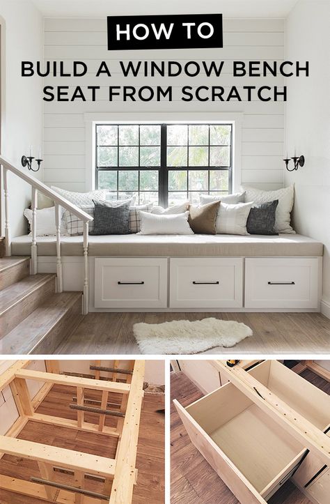 How to build a custom reading nook from scratch Diy Window Bench, Houses Decor, Window Bench Seat, Tire Garden, Outdoor Living Diy, Jenna Sue Design, Window Bench, Jenna Sue, Bench Storage