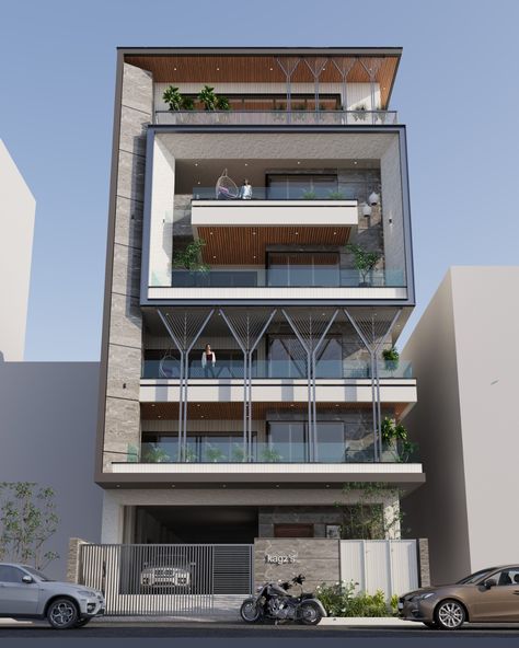 Commercial And Residential Elevation, 5 Storey House Design, 4 Storey House Design, 4 Storey Building Elevation, Modern Commercial Building Exterior, Commercial Building Exterior, Residence Elevation, Front Building Design, Indian House Exterior Design