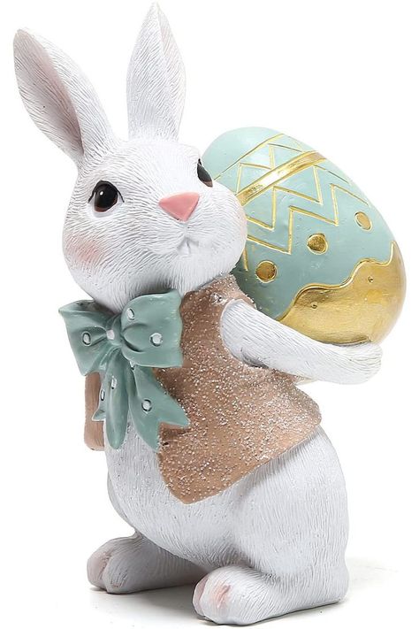 This rabbit is all dressed up for a special Easter celebration. He has on the cutest vest and bow tie. He is bringing a beautiful blue and gold egg with him to the party. Easter Theme Party, Bunny Decorations, Easter Figurine, Modern Easter, Decorations For Party, Lucky Gifts, Rabbit Easter, Bunny Figurine, Bunny Decor