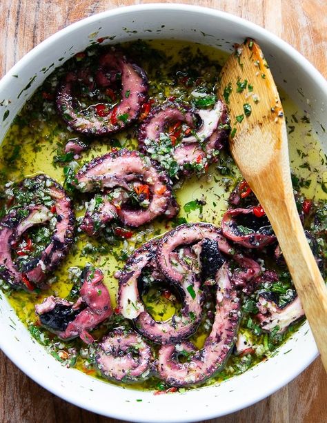 Grilled Octopus • Easy Octopus Recipe {Video} • Two Purple Figs Marinated Octopus Recipe, Greek Grilled Octopus, Grilled Octopus Recipe Greek, Grilled Octopus Salad, Best Octopus Recipes, Canned Octopus Recipes, Grilled Seabass Recipe, Baked Octopus Recipes, Octopus Marinade Recipe