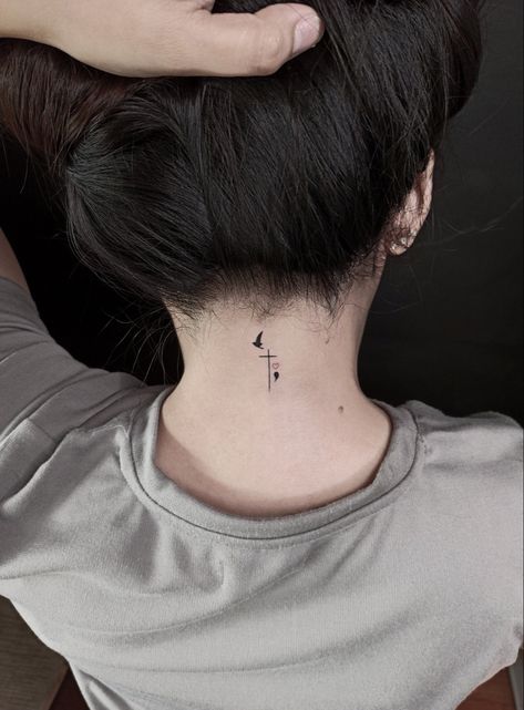 Semi Colon Bird Tattoo, Cross And Bird Tattoo, Cross And Semi Colon Tattoos For Women, Cross Semicolon Tattoo, Semi-colon Tattoo Behind The Ear, Semi Colon Cross Tattoo Ideas, Cross With Birds Tattoo, Seni Colon Tattoo, Tattoo With Birds