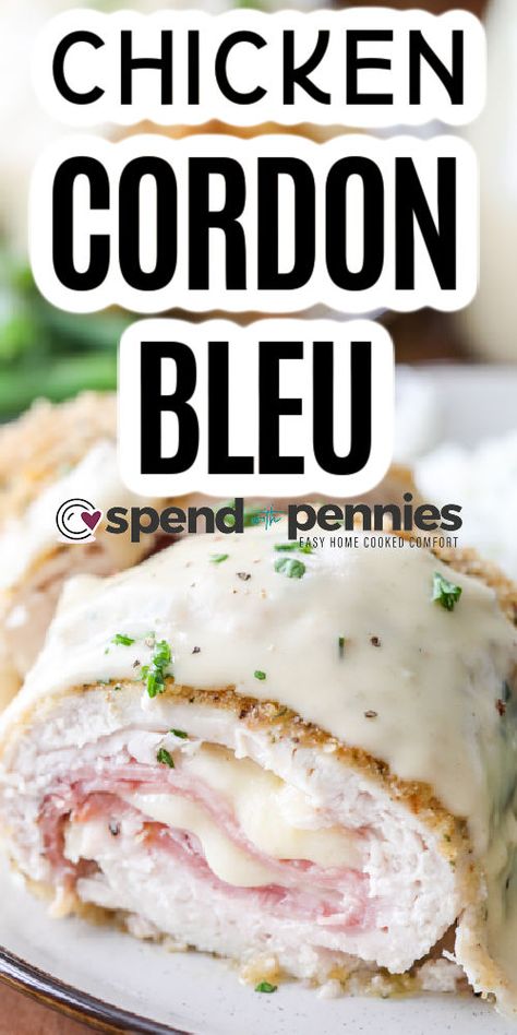 Baked Chicken Cordon Bleu, Seasoned Bread, Creamy Dijon, Cordon Bleu Recipe, Dijon Sauce, Chicken Cordon Bleu Recipe, Ham And Swiss, Stuffed Chicken Breast Spinach, Cheese Stuffed Chicken Breast