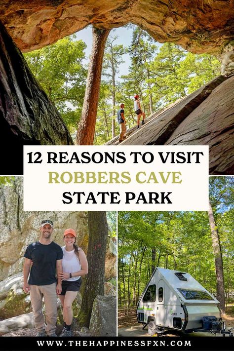 top image: Robbers Cave; bottom left image: couple enjoying the park; bottom right photo: aliner camper at campground Natural Falls State Park Oklahoma, Robbers Cave State Park Oklahoma, Gloss Mountain State Park Oklahoma, Oklahoma Camping, Okie Girl, Oklahoma State Parks, State Park Cabins, Oklahoma Travel, Backpacking Trails