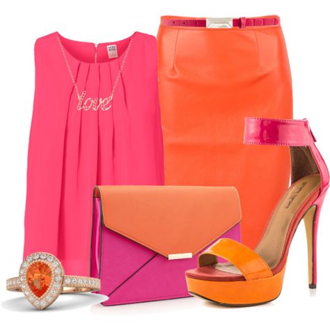 "Pink And Orange" by katyusha-kis on Polyvore Fushia And Orange Outfit, Hot Pink And Orange Outfit, Lavender Outfit, Simply Orange, Big Girl Dresses, Color Blocking Outfits, Orange Outfit, Heart Clothes, Orange Skirt