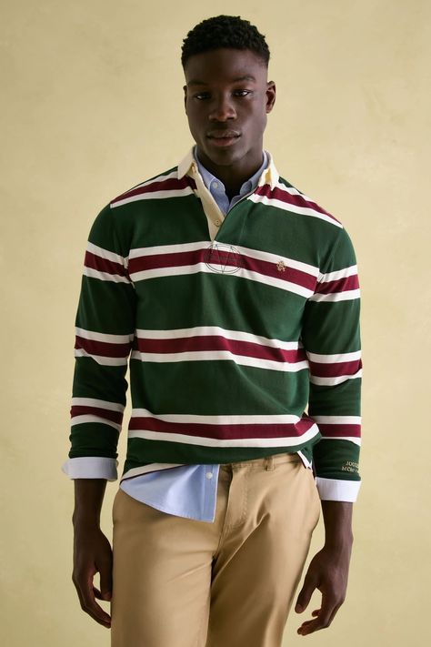 Buy Joules Onside Green & Red Striped Rugby Shirt from the Next UK online shop Rugby Polo Outfit Man, Rugby Shirt Mens Outfit, Rugby Shirt Outfit, Mens Rugby Shirts, Man Wear, Rugby Fashion, Rugby Club, Ivy Style, Mod Style