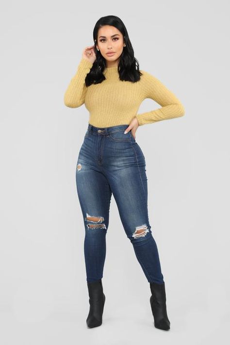 Jean Clothes, New Fashion Tops, Mustard Fashion, Stephanie Rao, New Style Tops, Stylish Fall Outfits, Teenage Fashion, Classy Casual Outfits, Ribbed Bodysuit