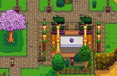 stardew valley town decor. Shrine Altar for mayor lewis’ lucky purple shorts hehe Stardew Valley Town Design, Stardew Valley Town, Stardew Valley Town Decor, Design Decor Ideas, Altar Design, Farm Games, Island Design, Purple Shorts, Stardew Valley