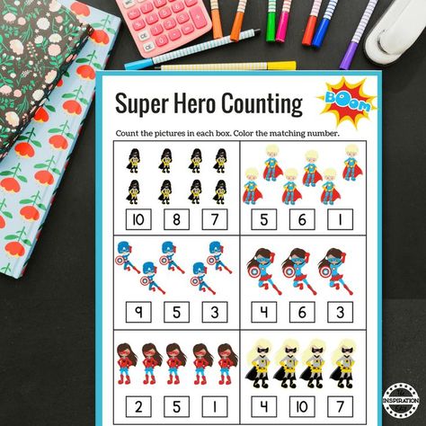 Super Hero Counting Maths Sheets · The Inspiration Edit #Superhero #superheroworksheets #superheropreK #preK #kindergarten #Eyfs #preschool #pritnables #kidsprintables #preschoolworksheets #preschoolprintables #kindergarten #numberworksheets #counting #ma Superhero Math Activities, Superheroes Eyfs, Superhero Kindergarten, Superhero Preschool, Superhero Math, Super Hero Activities, Maths Eyfs, Preschool Numbers, Super Hero Day