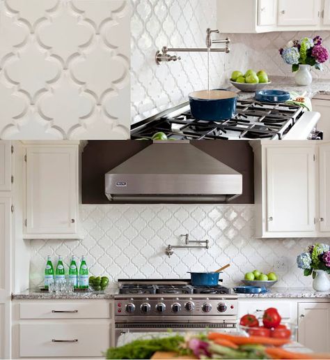 Arabesque Mosaic Tile (high and low versions) Moroccan Tile Backsplash, Arabesque Tile Backsplash, Lantern Tile, White Tile Backsplash, Arabesque Tile, Backsplash Designs, Moroccan Tile, Kitchen Tile, Kitchen Tiles Backsplash