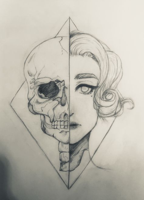 Half girl half skull Drawing Skeleton Face, Half Human Half Skull Drawing, Half Skull Face Drawing, Skull And Face Drawing, Two Headed Person Drawing, Split Drawing Art, Skeleton Mask Drawing, Half Skeleton Face Drawing, Sketches Half Face