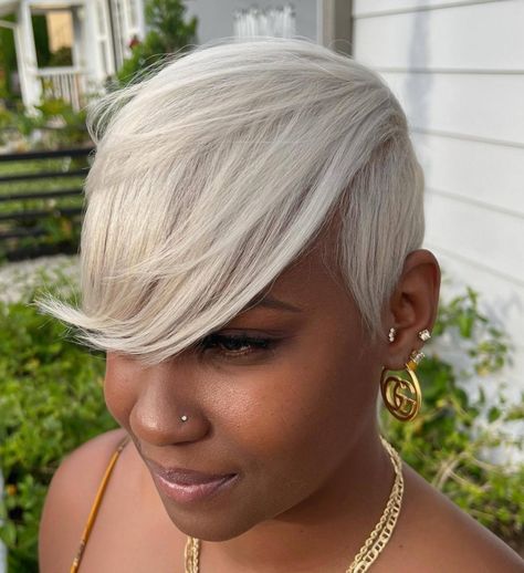 Image 1 of 1 Ash Blonde Short Hair Black Women, Blonde Fingerwaves Black Women, Platinum Blonde Short Hair Black Women, Pixie Cuts For Black Women, Short Platinum Blonde Hair Black Women, Short Bob Hairstyles For Black Women, Bob Haircut Black Hair, Short Pixie Cut Black Women, Short Platinum Blonde Hair