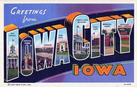 Iowa Football, City Postcard, Iowa City, Large Letters, Vintage Postcard, Post Cards, Vintage Postcards, City Guide, Iowa