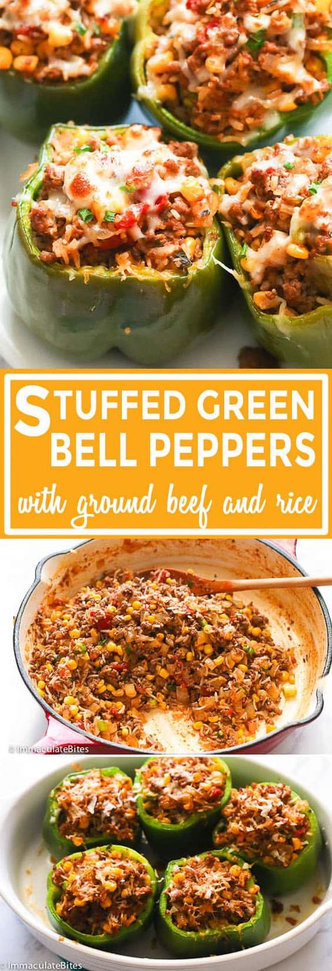 Stuffed Green Bell Peppers - Immaculate Bites Green Pepper Recipes Healthy, Stuffed Green Bell Peppers, Stuffed Bell Peppers Ground Beef, Pepper Recipes Healthy, Green Pepper Recipes, Pepper Recipes, Bell Pepper Recipes, Green Peppers, Peppers Recipes