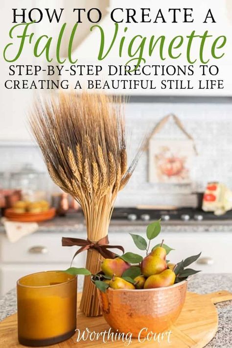 How to create a vignette and how to decorate for fall with vignettes. #fallvignettedisplay #falldecor #fall #falldecoratingideas #fallvignettetray #fallvignettedecoratingideas #falldisplay Vignettes Styling Display Ideas, Decorate Buffet Table, Cheap Kitchen Decor, Manufactured Home Remodel, Decorate For Fall, Fall Vignettes, Georg Listing, Room Painting, Painting Decor