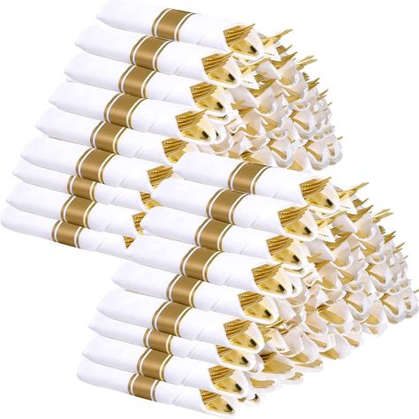 PRICES MAY VARY. Great Value 60 Pack: The pre rolled napkin and cutlery set comes with 60 disposable salad forks, 60 dinner knives, 60 soup spoons, plus 60 pre rolled napkins, enough for 60 people when at family party. The cutlery pieces are ergonomically designed to be comfortable to hold while eating Luxurious Plastic Silverware Set: These gold plastic utensils come meticulously wrapped in high-end napkins with a stylish ribbon neatly tied around them. All you have to do is set the table and y Silverware For Party, Gatsby Decor, Gold Plastic Silverware, Nikah Decor, Wedding Ides, Afternoon Tea Set, Gold Napkins, Disposable Cutlery, 50th Birthday Decorations