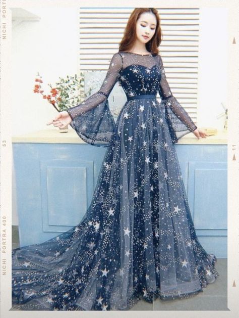 Constellation Dress Gowns, Space Themed Outfit Ideas, Star Dress Aesthetic, Solstice Outfit, Ophelia Core, Night Sky Dress, Themed Prom Dresses, Constellation Dress, Star Dresses