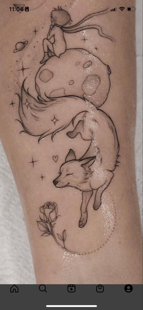 Celestial Fox Tattoo, Fox And Bunny Tattoo, Whimsical Fox Tattoo, Fox Running Tattoo, Matching Fox Tattoos, Fox Tattoo Outline, Cute Deer Tattoo, Tattoo Fox Minimalist, Cute Fox Tattoo