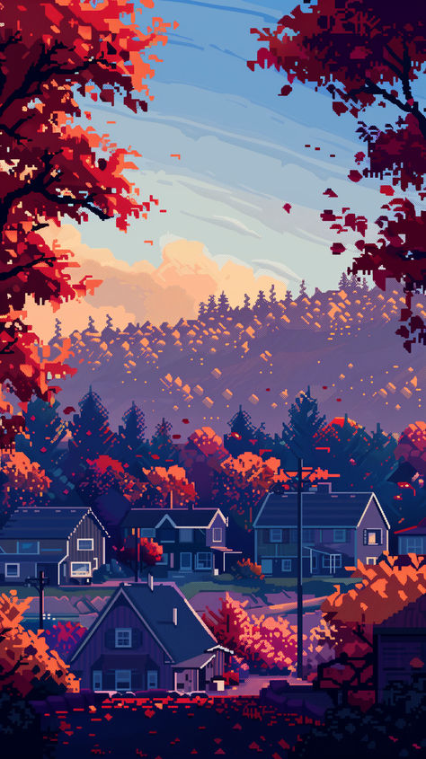 Cozy Pixel Art Town Wallpapers Series 2 #pixelarttown #pixelartcity #pixelart #wallpaper Fall Lofi Wallpaper, Pixel Halloween Wallpaper, Christmas Pixel Art Wallpaper, Pixel Wallpaper Iphone, Fall Pixel Art Wallpaper, Pixel Art Background Iphone, Aesthetic Pixel Wallpaper, Night Illustration Wallpaper, Cozy Wallpapers Aesthetic