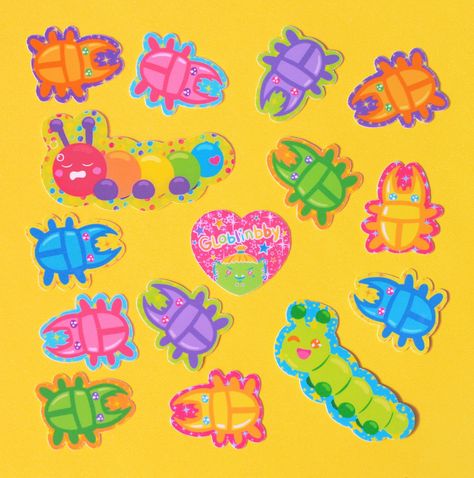 🐛 Mini beetle and caterpillar sticker flakes! Beetles are approximately .75 inches or 1.8 cm tall. Caterpillars are approximately 1.5 inches or 3.7 cm long. 🌧️ Made with matte waterproof (not weatherproof) sticker paper. ☀️ Not recommended to stick in places that get a lot of sun/UV exposure. 🌈 Small cute and colorful! 💖 Comes with 2 of each design (there are 6 different colors of beetles and 2 different caterpillars) so in total it is 16 stickers. 📸 I've tried to photograph the color as ac Cool Bugs, Cool Stickers, Funky Art, Caterpillar, Sticker Sheets, Cute Stickers, Art Inspo, Bugs, Sticker Paper