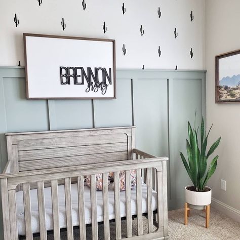 Farrow & Ball Pigeon board and batten, urban wall decals, and DIYed sign. Shop my nursery. Nursery Sage, Nursery Accent Wall, Baby Nursery Inspiration, Wallpaper Nursery, Baby Room Neutral, Baby Room Themes, Baby Boy Room Decor, Nursery Room Design, Baby Room Inspiration