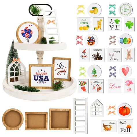 PRICES MAY VARY. Seasonal Tiered Tray Decor Accessory(Stand Not Included):This set including 3 different shaped & sized frames (a square,a rectangle and a round one), 15 beautiful seasonal prints tiered tray decor cards(prints stored inside frames),a ladder, an arched style window, 20 bows in 10 different colors.perfect for any festive event. Discover the charm of our beautiful, seasonally themed decorations set. Quality and Versatility: Expertly crafted from high-quality wood materials, our tie Tiered Tray Decorations, Halloween Table Centerpieces, Lemon Kitchen Decor, Fall Tiered Tray Decor, Table Home Decor, Farmhouse Centerpiece, Lemon Kitchen, Halloween Centerpiece, Centerpiece Table