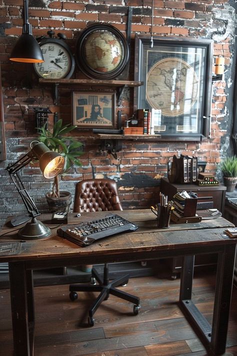 Photography Office Design, Industrial Office Ideas, Man Office Ideas, Vintage Office Design, Office Decor For Men, Loft Home Office, Rustic Home Office, Office Layouts, Rustic Office Decor