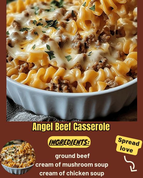 Angel Beef Casserole Creamy Soups, Ground Beef Rice, Casserole Side Dishes, Creamy Macaroni And Cheese, Beef Casserole Recipes, Glazed Chicken, Beef And Rice, Steamed Vegetables, Beef Casserole