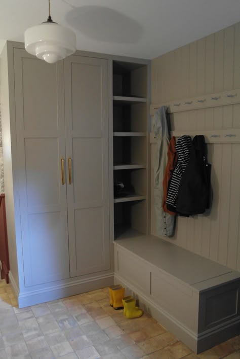 Helen Shoemark Interior Design Utility Room Bench Storage, Entrance Hall Boot Room Ideas, Small Porch Boot Room, L Shaped Bench Mudroom, Small Utility And Boot Room Ideas, Country House Boot Room, Corner Utility Room, Boot Room Office, Mud Room Corner Bench