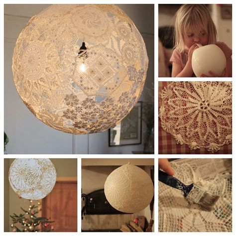 It's hard to believe that this beautiful hanging lace lamp can be made at home with little more than some creativity, a few doilies, and a balloon. Lace isn't just for clothes anymore! Learn how to decorate any room with a beautiful lace lamp ! What You'll Need: 1 .Lace material 2. Big balloon 3. Wallpaper glue 4. Pin to pop the balloon and a basic lighting kit Directions: 1. First, blow up the balloon and tie it. 2. Collect all of your lace, paint and soak them with wallpaper glue. 3. Hang your Doily Lamp, Lampe Crochet, Lace Lamp, Doilies Crafts, Lace Crafts, Astuces Diy, Dekor Diy, Lace Doilies, Diy Lamp