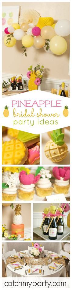 Check out this modern and refreshing Pineapple Crush Bridal Shower! The cake is just so stylish and tha cupcakes gorgeous! See more party ideas at http://CatchMyParty.com Hawaiian Bridal Shower, Luau Bridal Shower, Pineapple Wedding, Summer Wedding Diy, Bridal Shower Cupcakes, Pineapple Birthday, Brunch Decor, Pineapple Party, Fiesta Bridal Shower