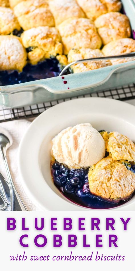 My classic blueberry cobbler with a twist ~ the combination of sweet cornbread biscuits and juicy blueberries is irresistible! Blueberry Cobbler Recipe, Easy Blueberry Cobbler, Blueberry Cobbler Recipes, Hot Fudge Cake, Hot Chocolate Fudge, Cobbler Topping, Blueberry Pie Filling, Single Serve Desserts, Slow Cooker Desserts