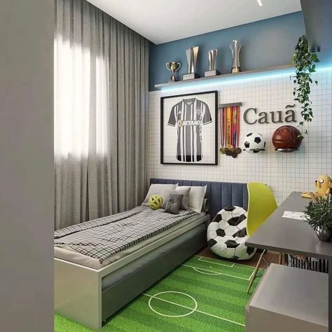 Kids Bedroom Design Ideas ✨️ #kidsbedroom #kidsroomdecor #kidsroom #kidsbedroomdecor #kidsbedroomdesign #kids #homedesignsdworld #explorepage #explorepost #trendingpost #fypシ゚viralシ2024fyp Vintage Sports Bedroom, Kids Bedroom Design Ideas, Soccer Bedroom, Soccer Room, Kids Bed Design, Boys Room Design, Boys Bedroom Makeover, Kids Room Interior Design