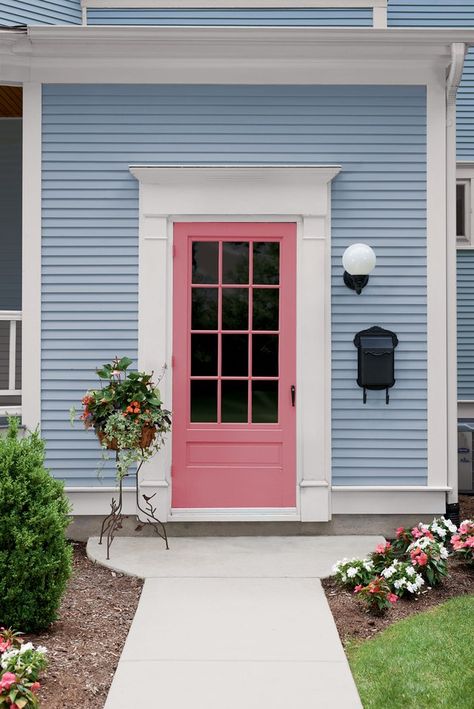 pink front door on light blue house Light Blue House, Light Blue Houses, Front Door Color, Pink Front Door, Front Door Paint Colors, Door Paint Colors, Door Inspiration, Pink Door, Painted Front Doors