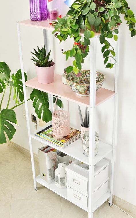 DIY Half Pink Shelf | Enthralling Gumption Hyllis Ikea, Ikea Hyllis, Ikea Bedroom Design, Pink Shelf, Bedroom Ikea, Pink Shelves, Apartment Items, Ikea Bedroom, Diy Ikea Hacks