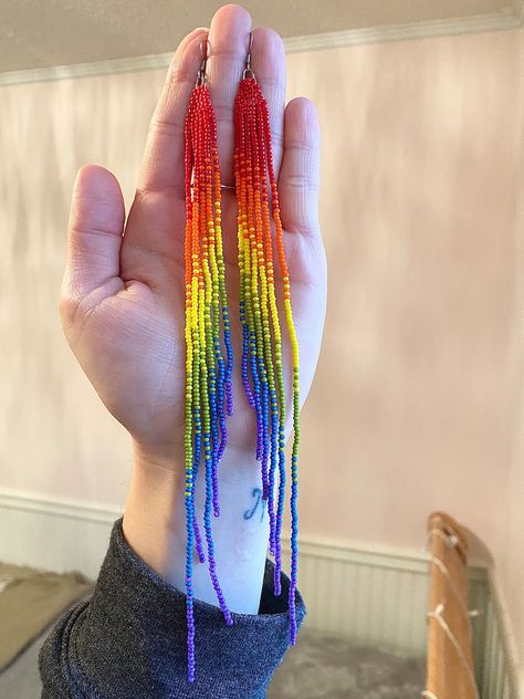 Rainbow Beaded Earrings, Earrings Handmade Beaded, Beaded Rainbow, Seed Bead Fringe Earrings, Bead Fringe, Beading Inspiration, Dangle Earrings Boho, Beading Crafts, Rainbow Jewelry