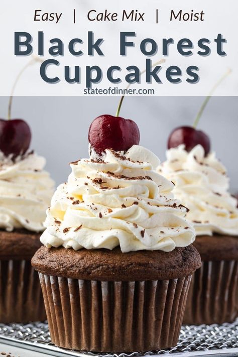 Angel Cake Cupcakes, Black Forest Cake Cupcakes, Black Forest Cupcakes With Box Cake, Easy Black Forest Cupcakes, Black Forest Cupcakes Easy, Black Forest Cupcakes Recipe, Blackforest Cupcakes, Mini Black Forest Cake, Forest Desserts